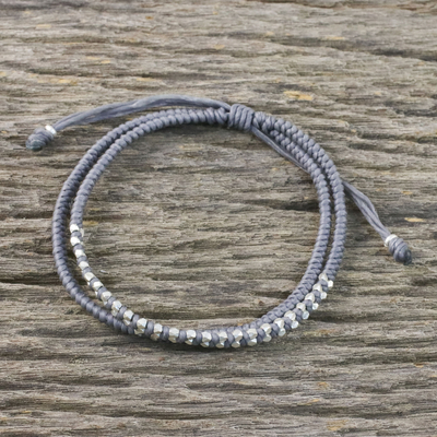 UNICEF Market  950 Silver and Waxed Cord Bracelet from Thailand - Everyday  Thai in Steel Grey